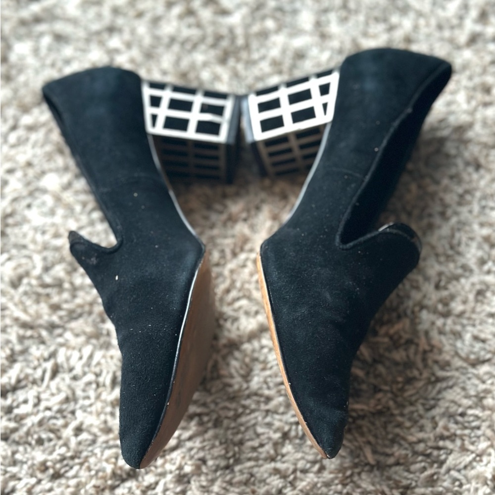 Brian Atwood Black Whimsigoth Suede Block Silver Metal Framed Heel Pumps Shoes 8